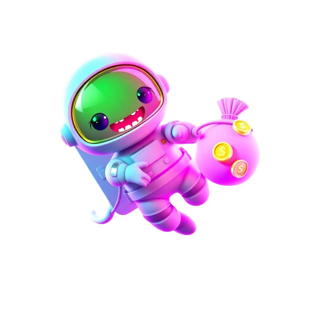 Astronaut mascot holding a bag of virtual coins